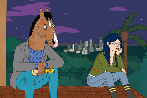 A still from BoJack Horseman showing BoJack and Dianne sitting on a roof.
