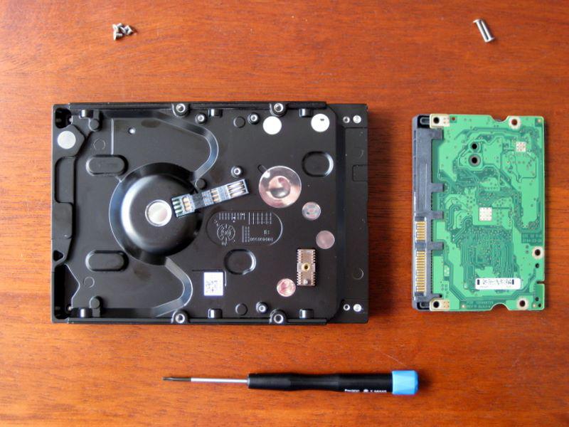 Underside of a hard disk with the PCB removed